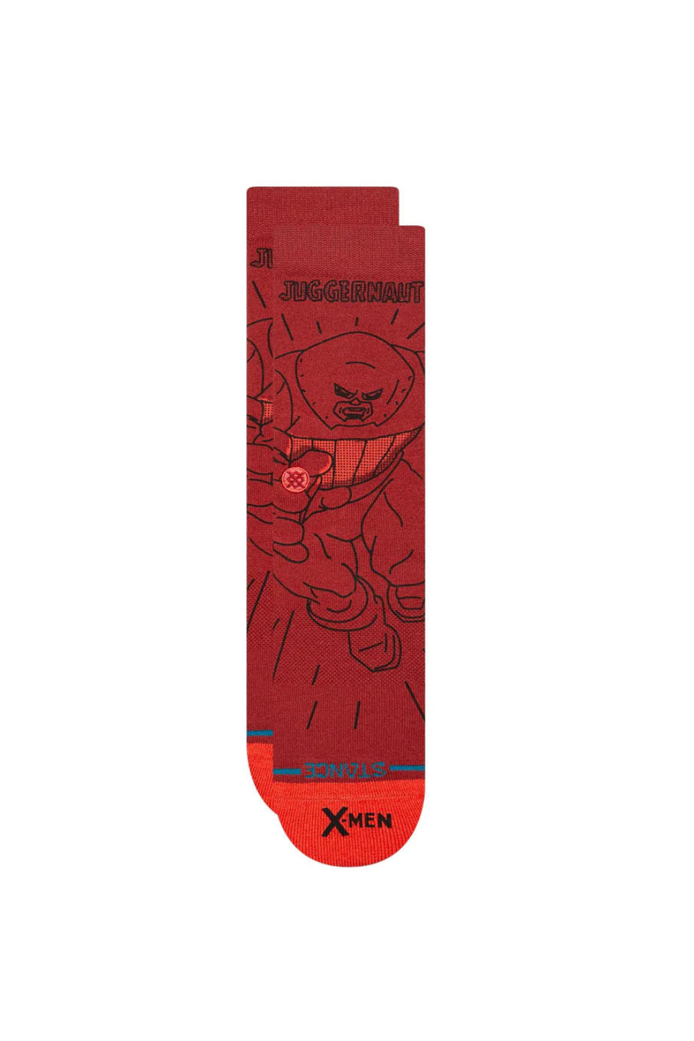 Red sock with X-Men logo and character design on a white background