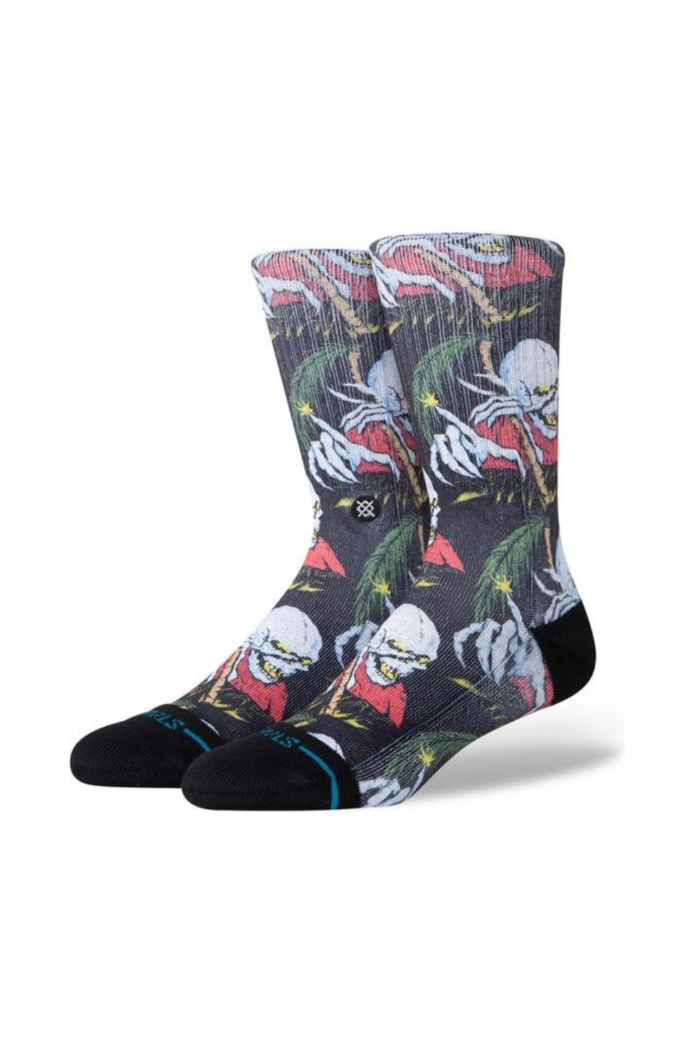 Colorful socks with skull and floral design on a white background