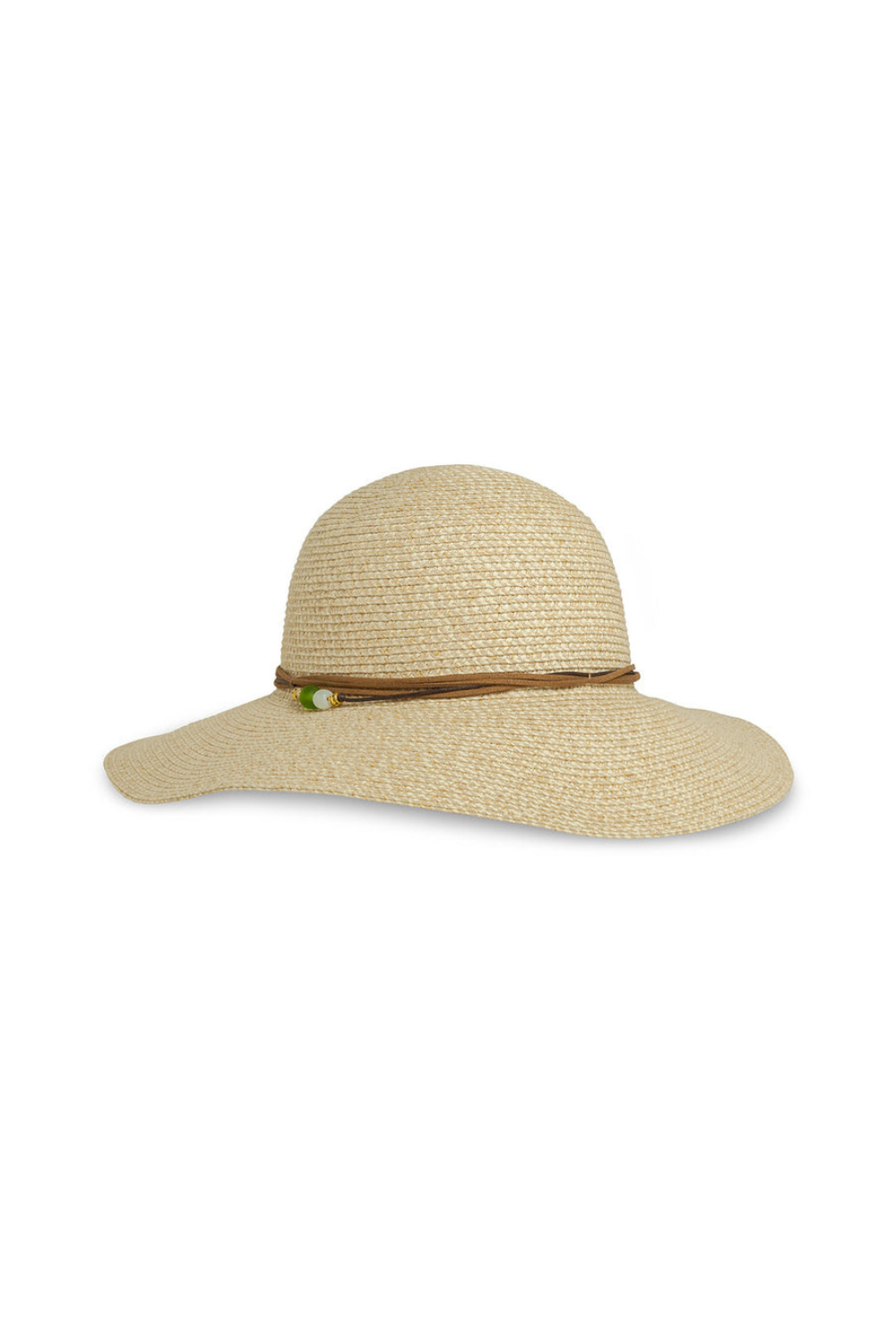 Beige straw hat with a wide brim on a white background