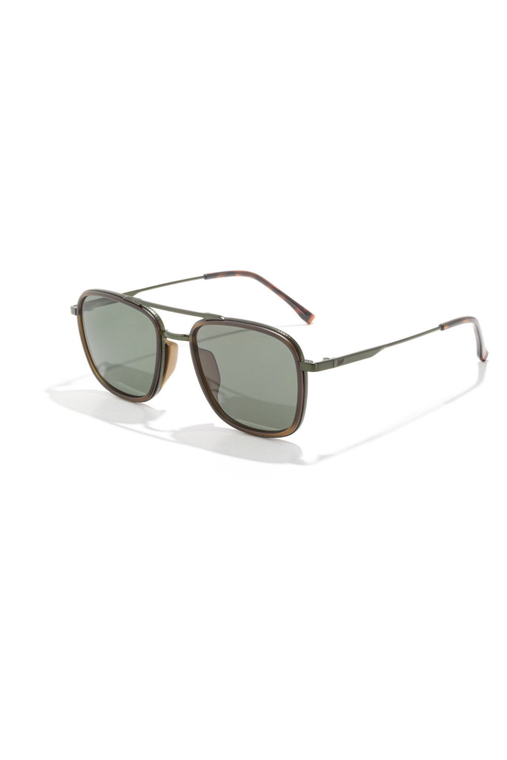 Sunglasses with brown frame and green lenses on a white background
