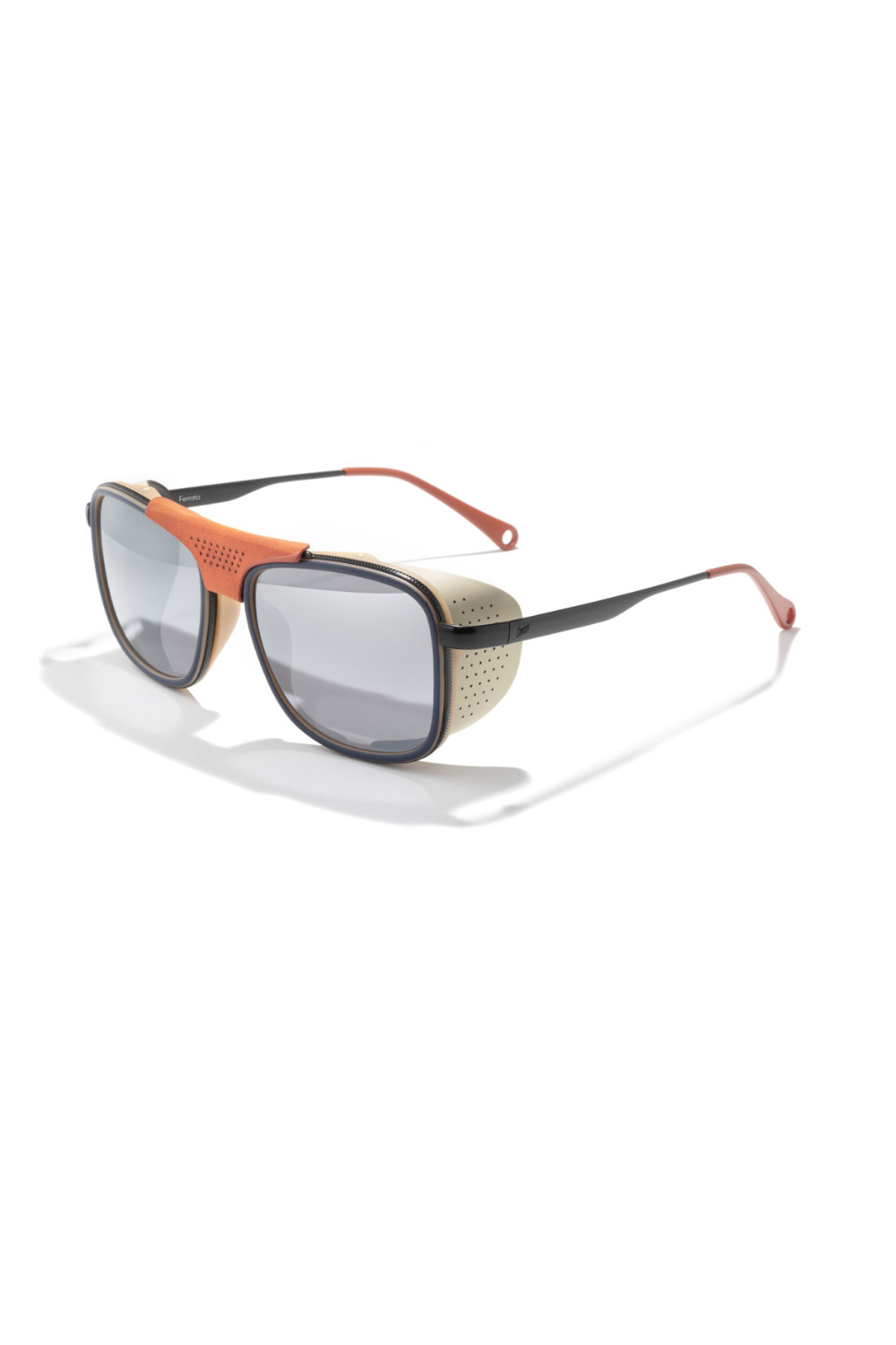 Sunglasses with orange frame and reflective lenses on a white background