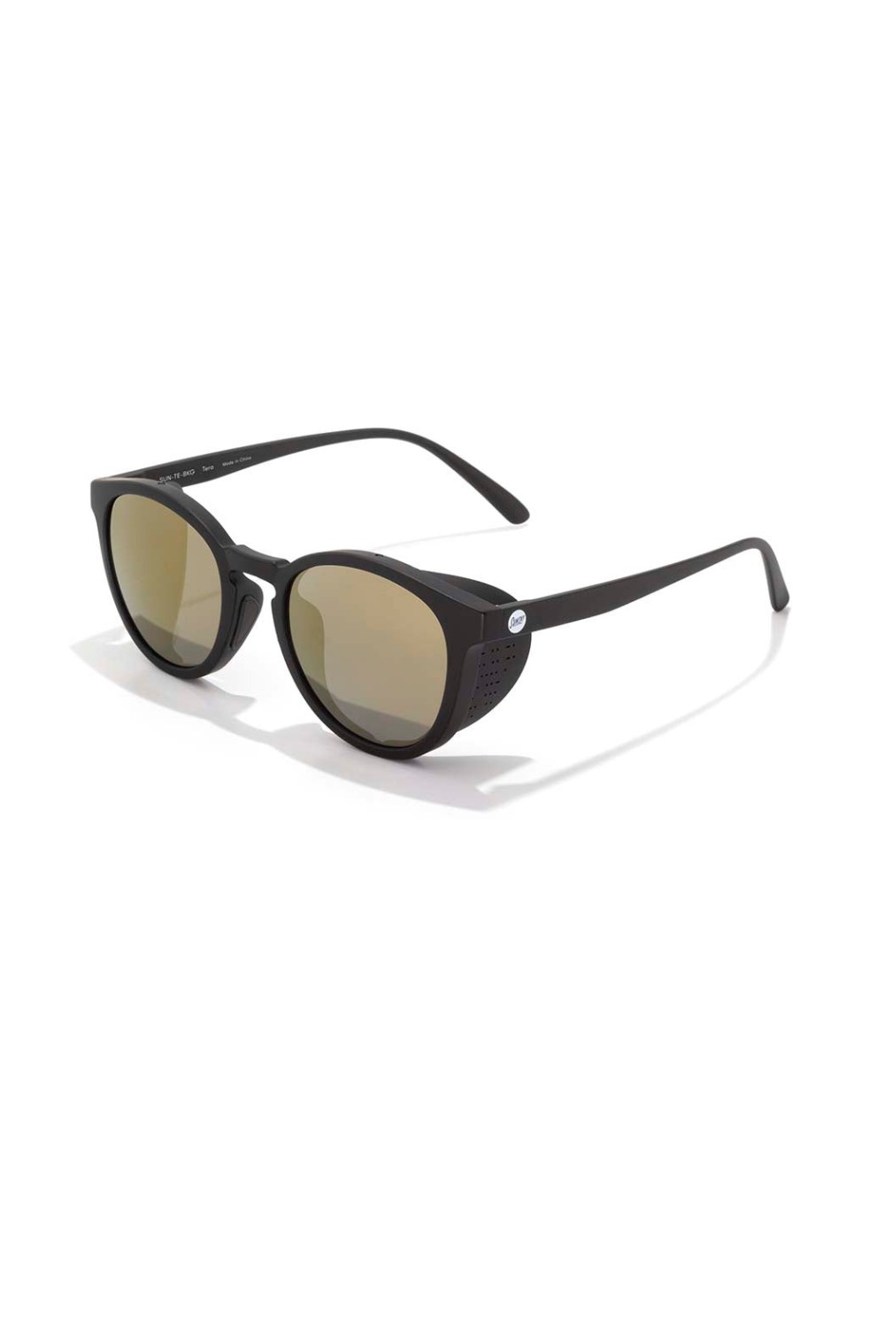 Black sunglasses with gold lenses on a white background
