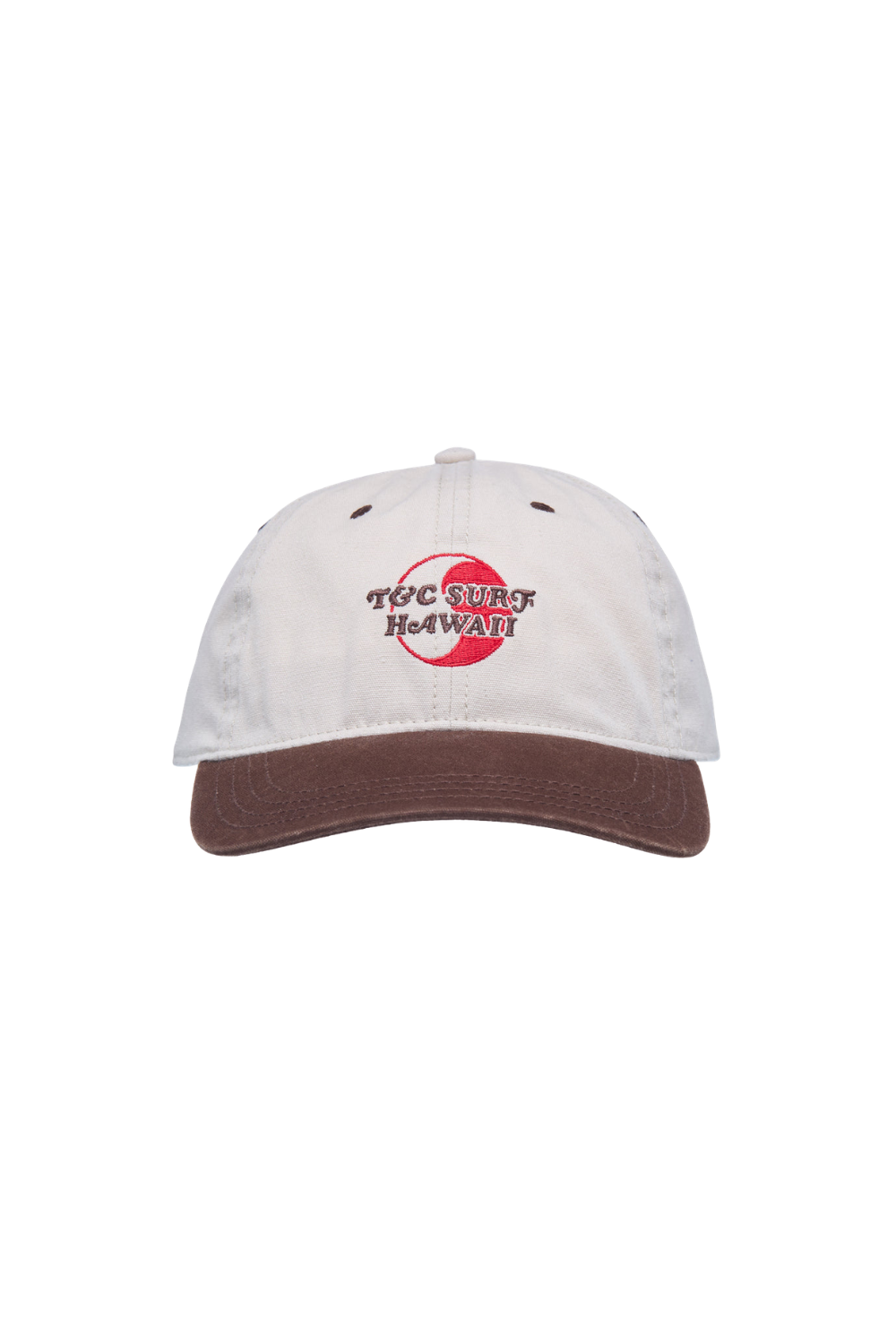 Greige T&C Surf Designs cap with brown brim and logo on a white background
