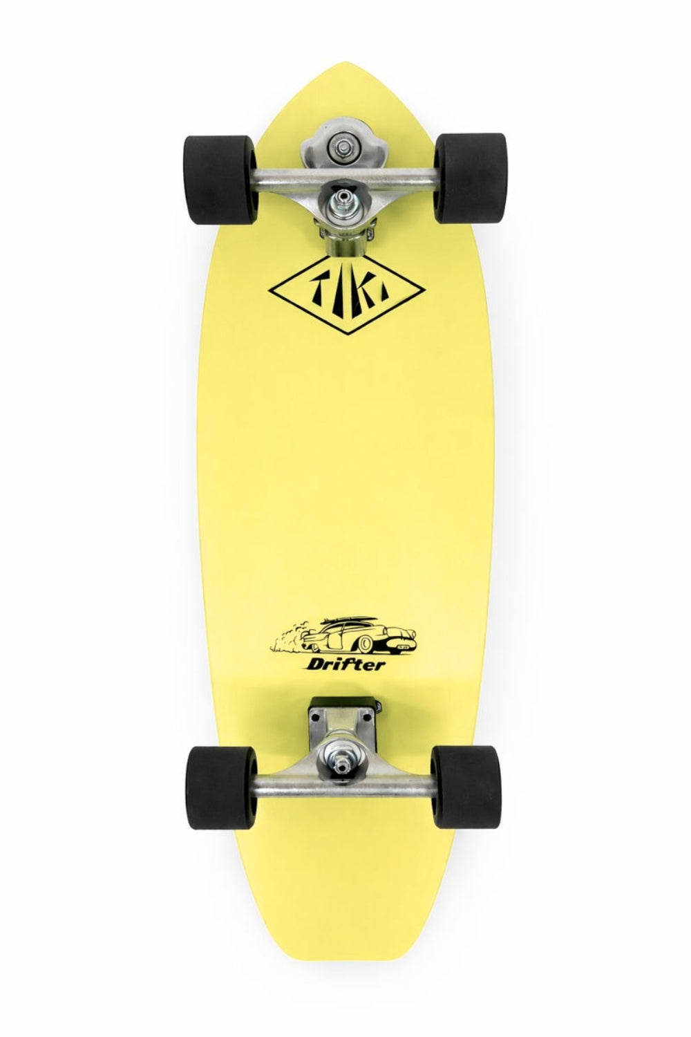 Yellow skateboard with visible branding on a white background