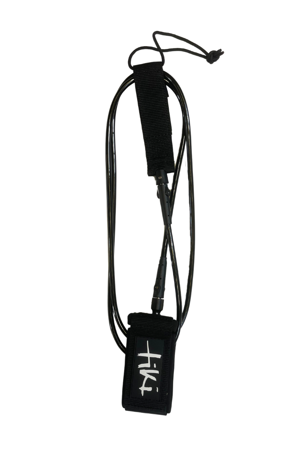 A black surf leash with a white logo, coiled and laid out on a plain background.