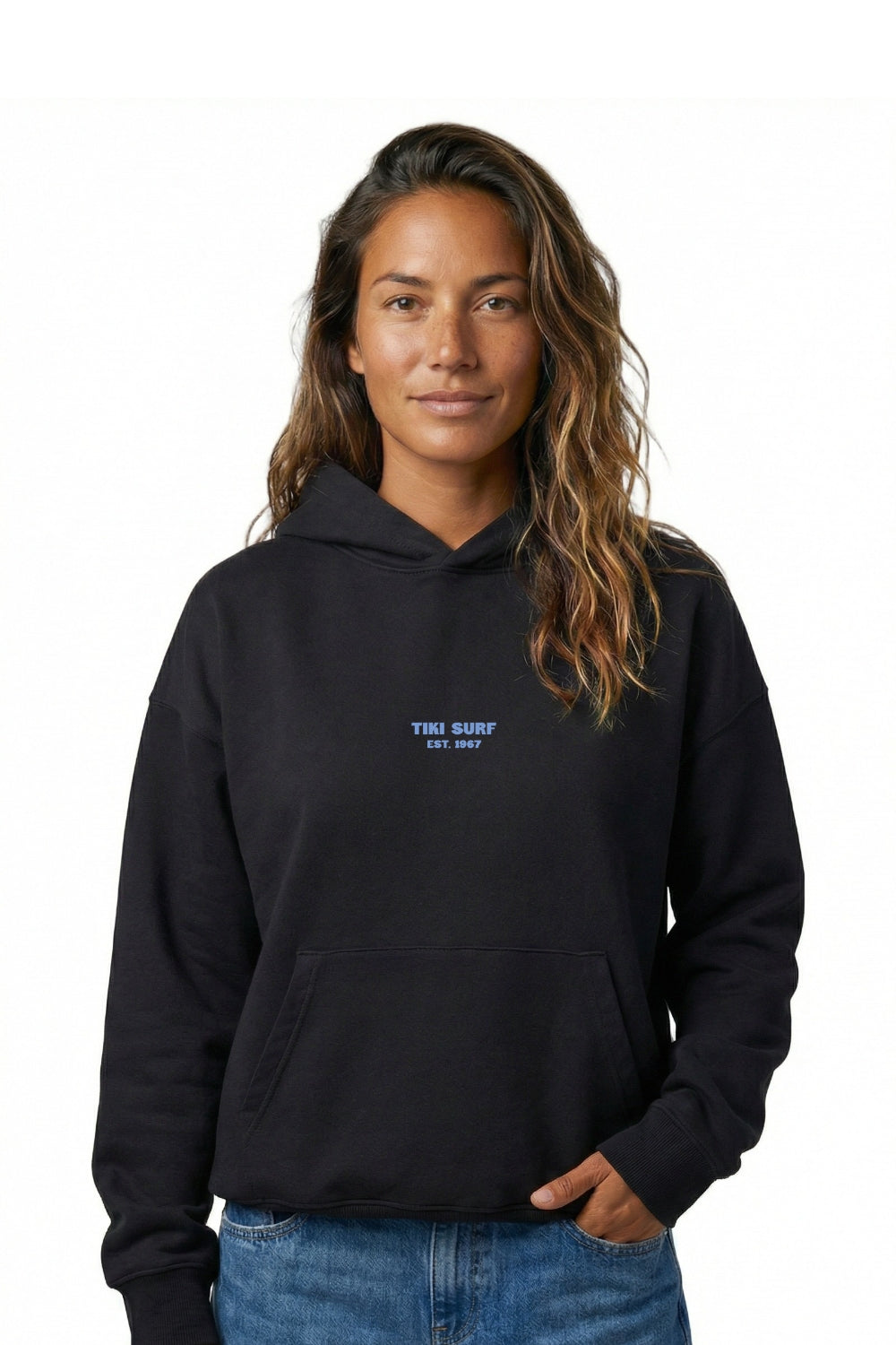 Person wearing a black hoodie with text on a white background
