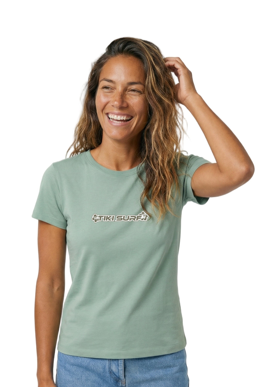 Woman wearing a green t-shirt with a logo on a white background