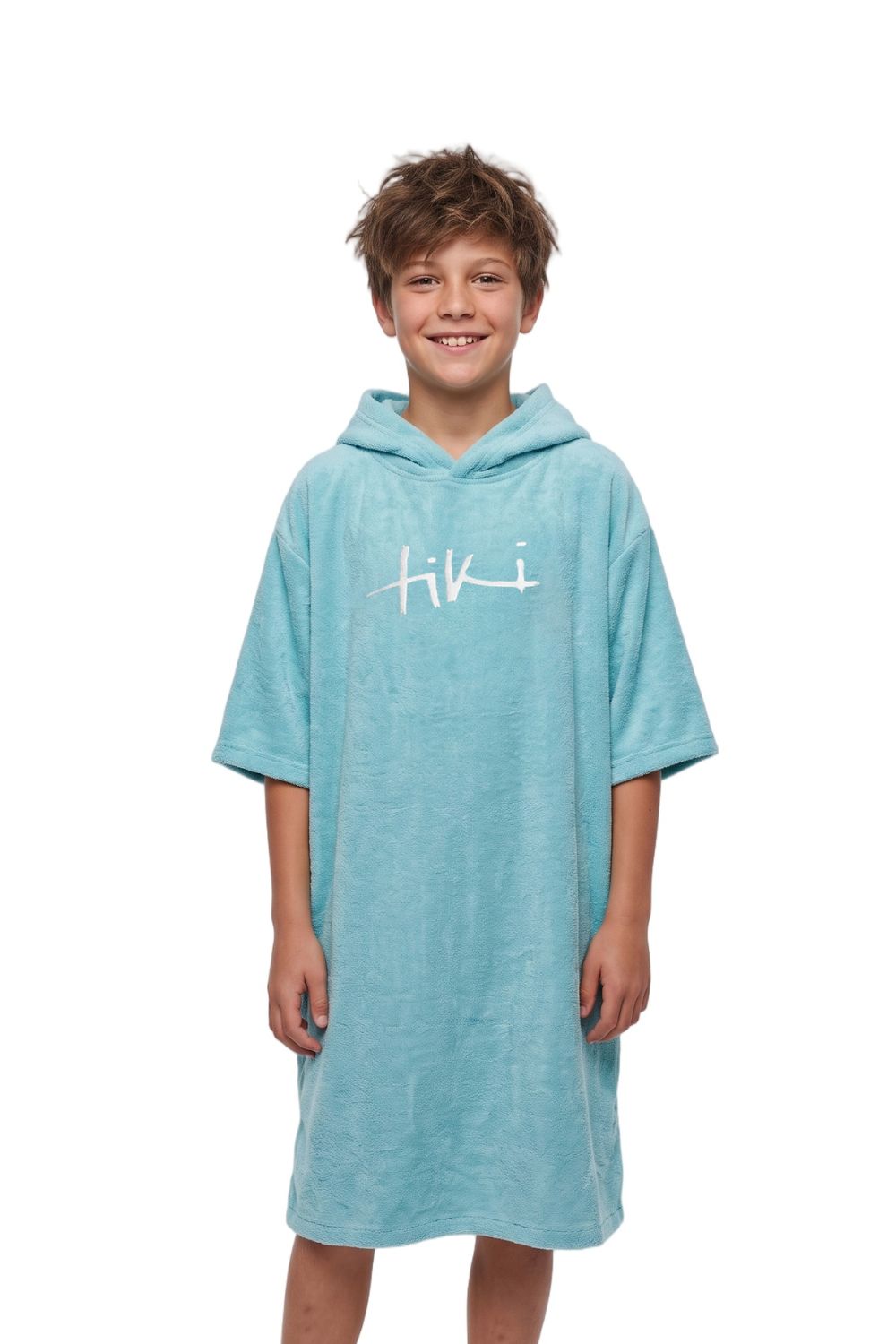 A smiling young boy wearing a light blue hooded towel dress with a white 'hifi' logo on the chest, standing against a solid white background.