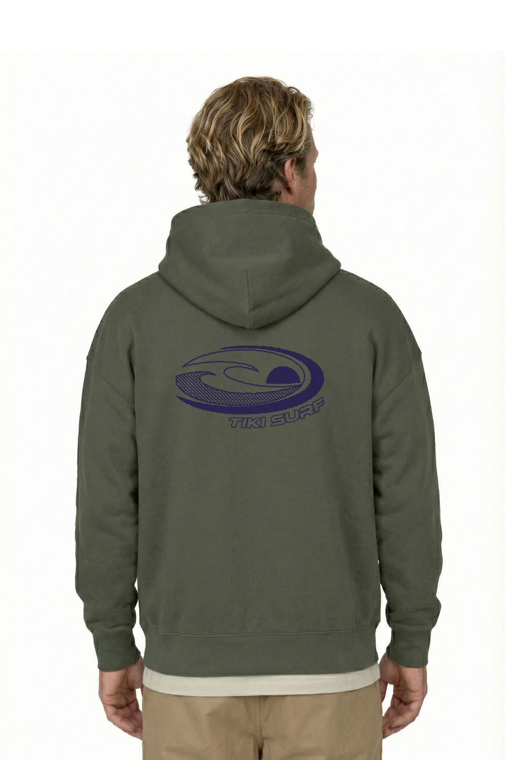 Person wearing a green hoodie with a logo on the back against a white background