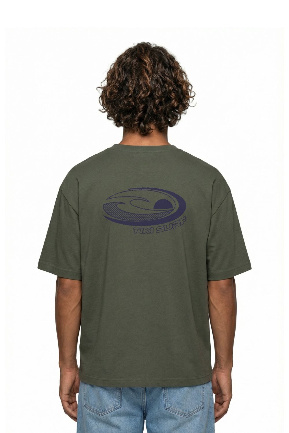 Person wearing a green t-shirt with a logo on the back against a white background