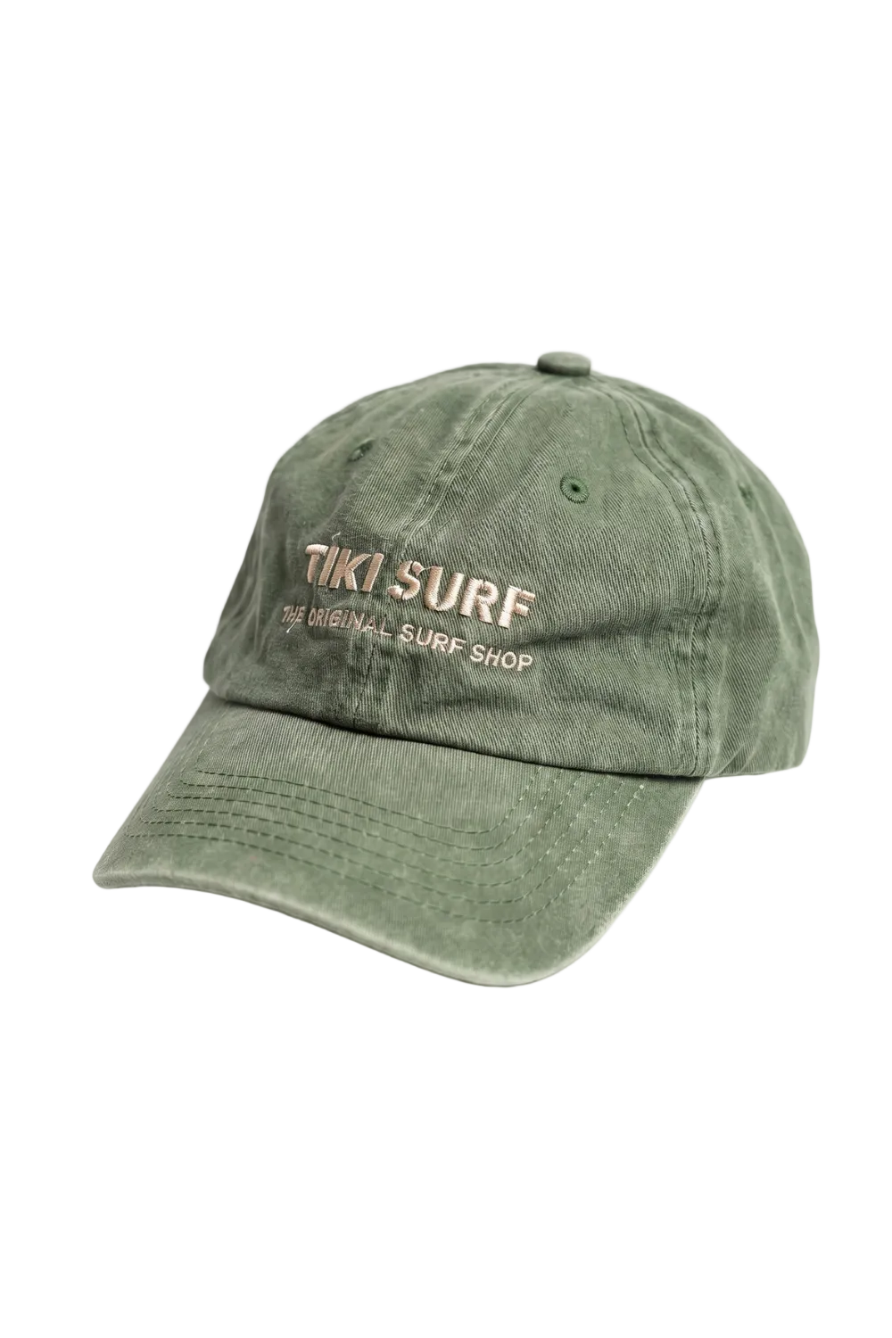 An olive green washed cotton baseball cap with 'TIKI SURF' embroidered in a light tan color on the front, set against a plain white background.