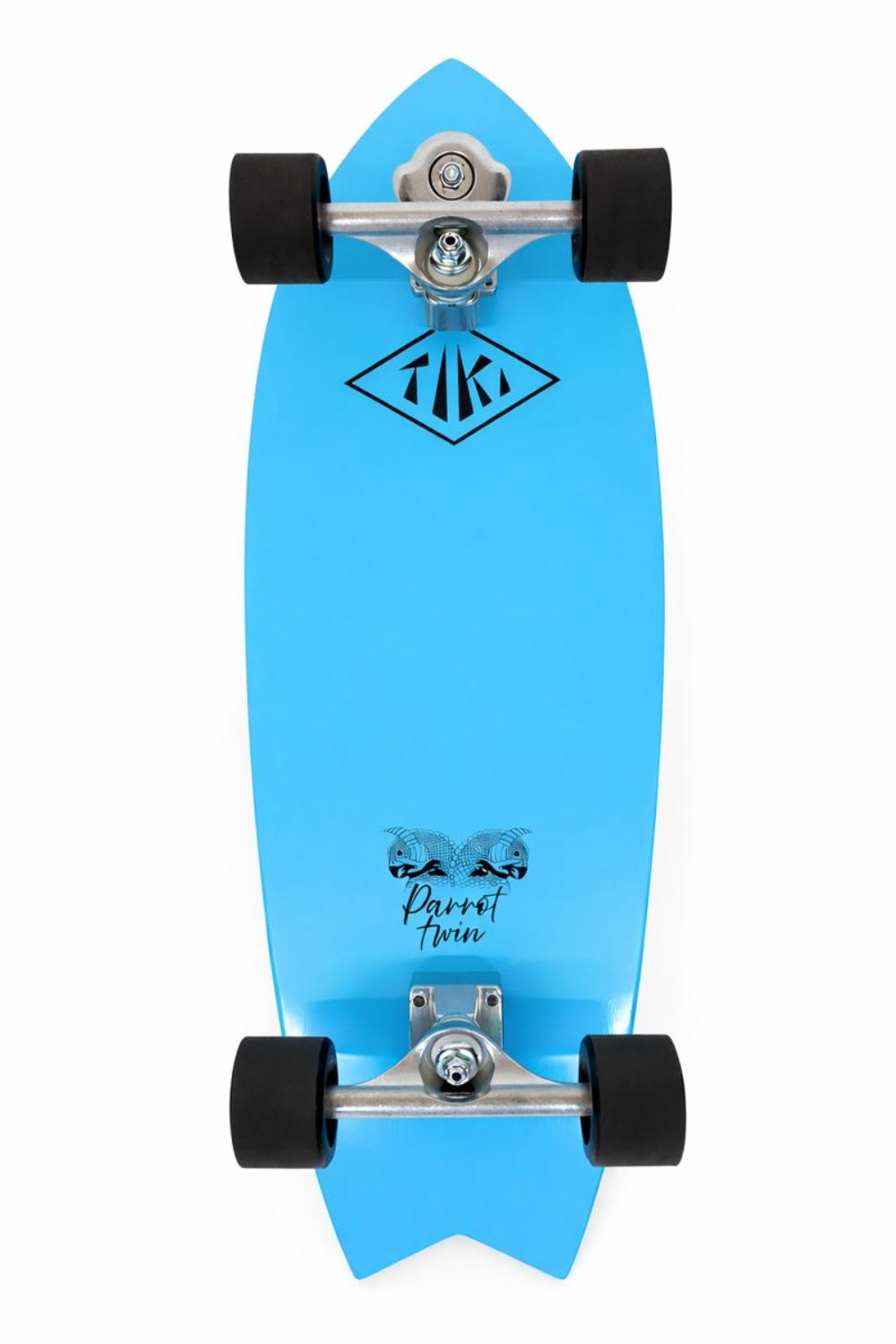 Blue skateboard with visible branding on a white background