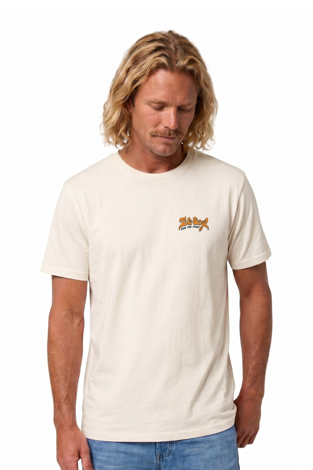 Man wearing a Tiki T-Shirt in vintage white.