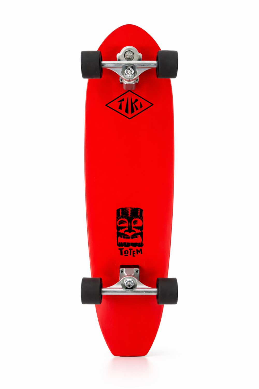 Red skateboard with 'Tiki Totem' branding on a white background