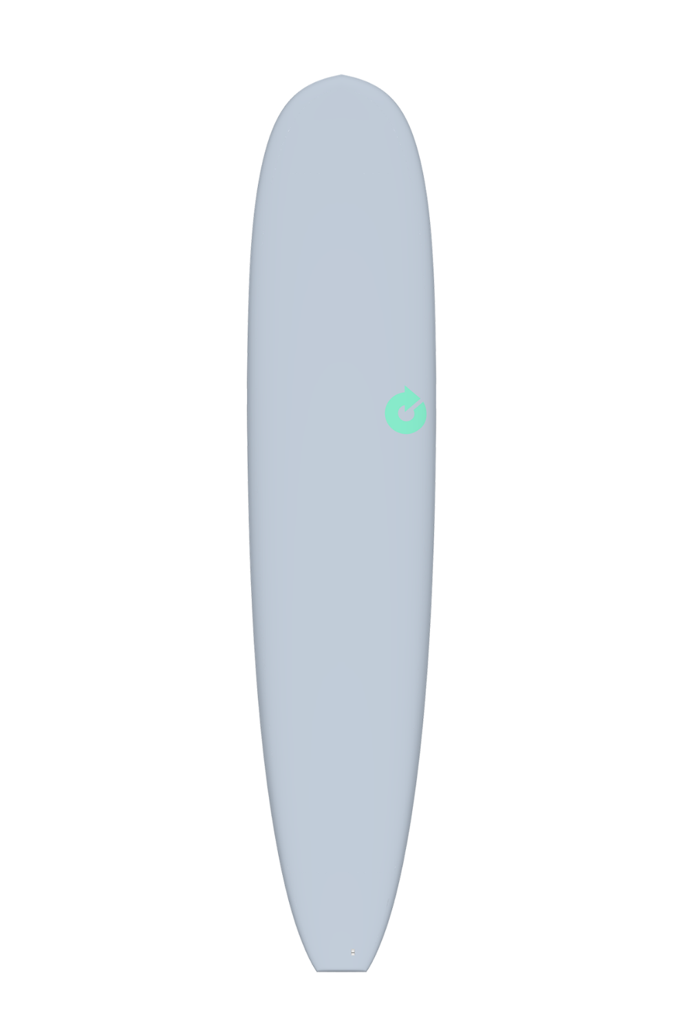 Light grey longboard surfboard with a logo on a white background
