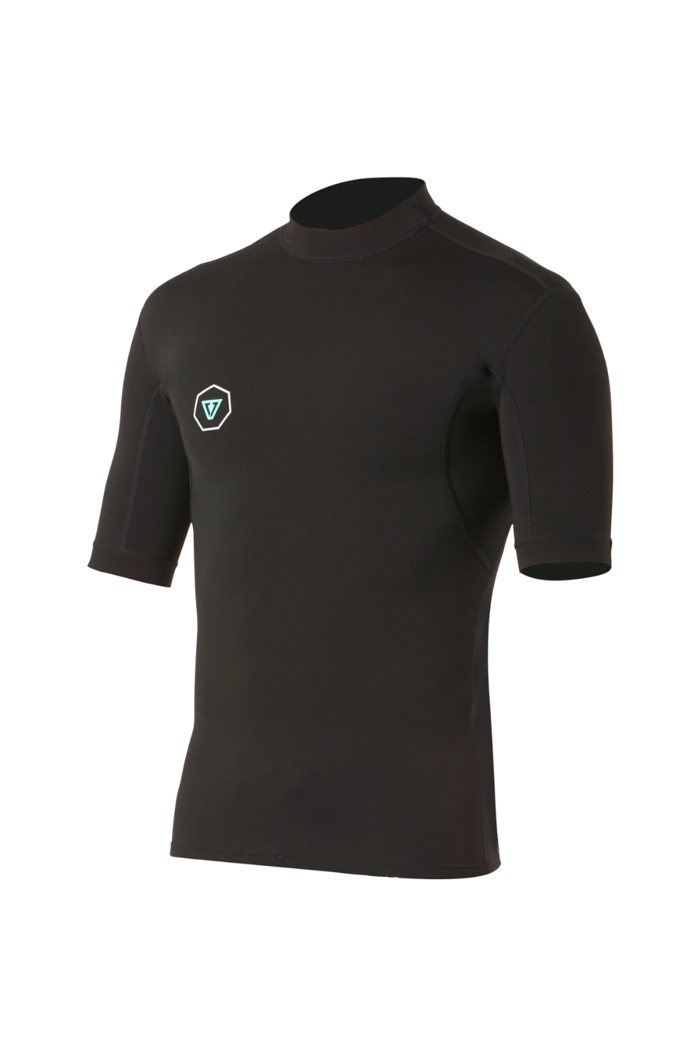 A black short-sleeve wetsuit top with a mock neck, featuring a small teal and white shield logo on the left chest, displayed on a clean white background.