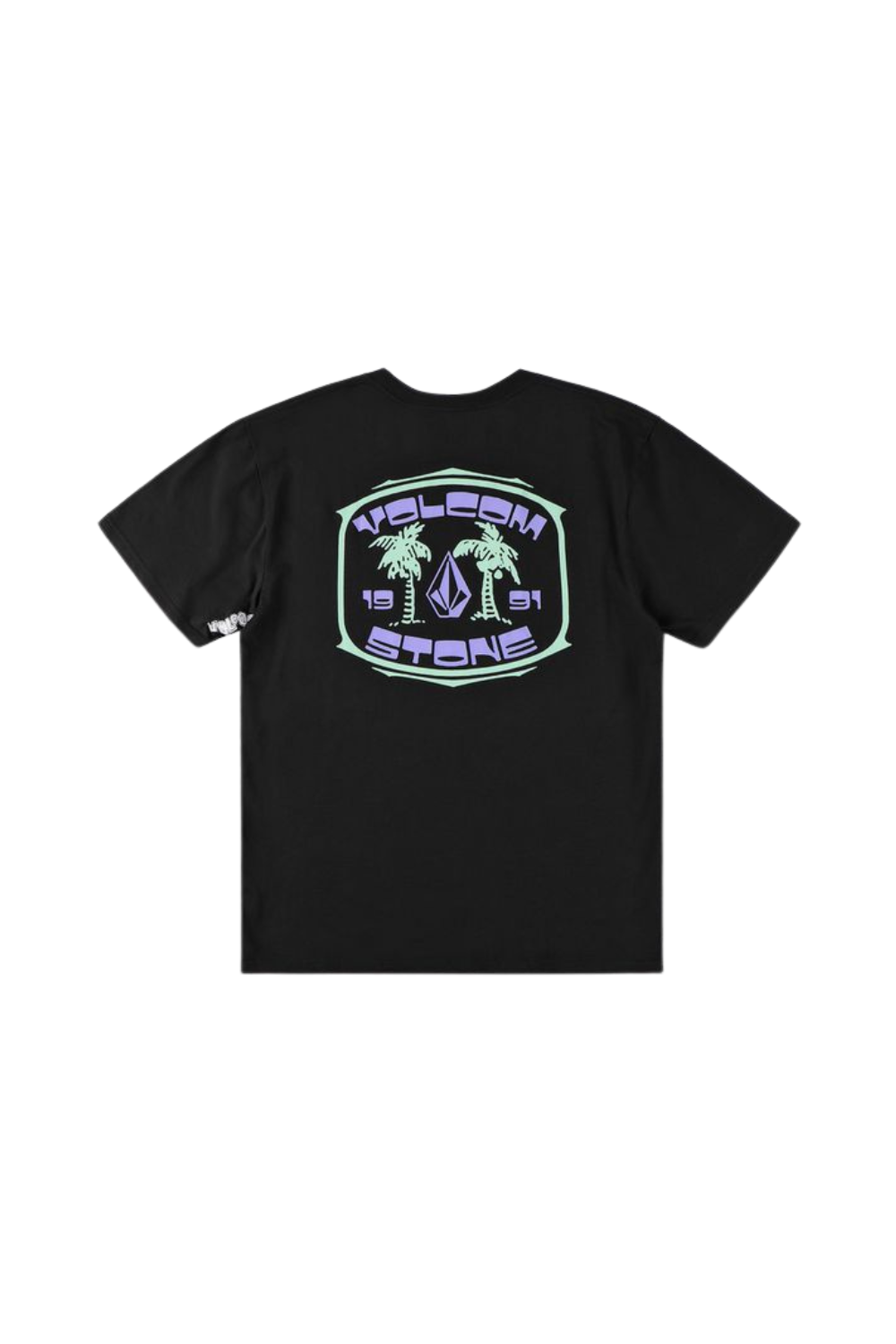 Black T-shirt with a purple and green graphic print on the back.