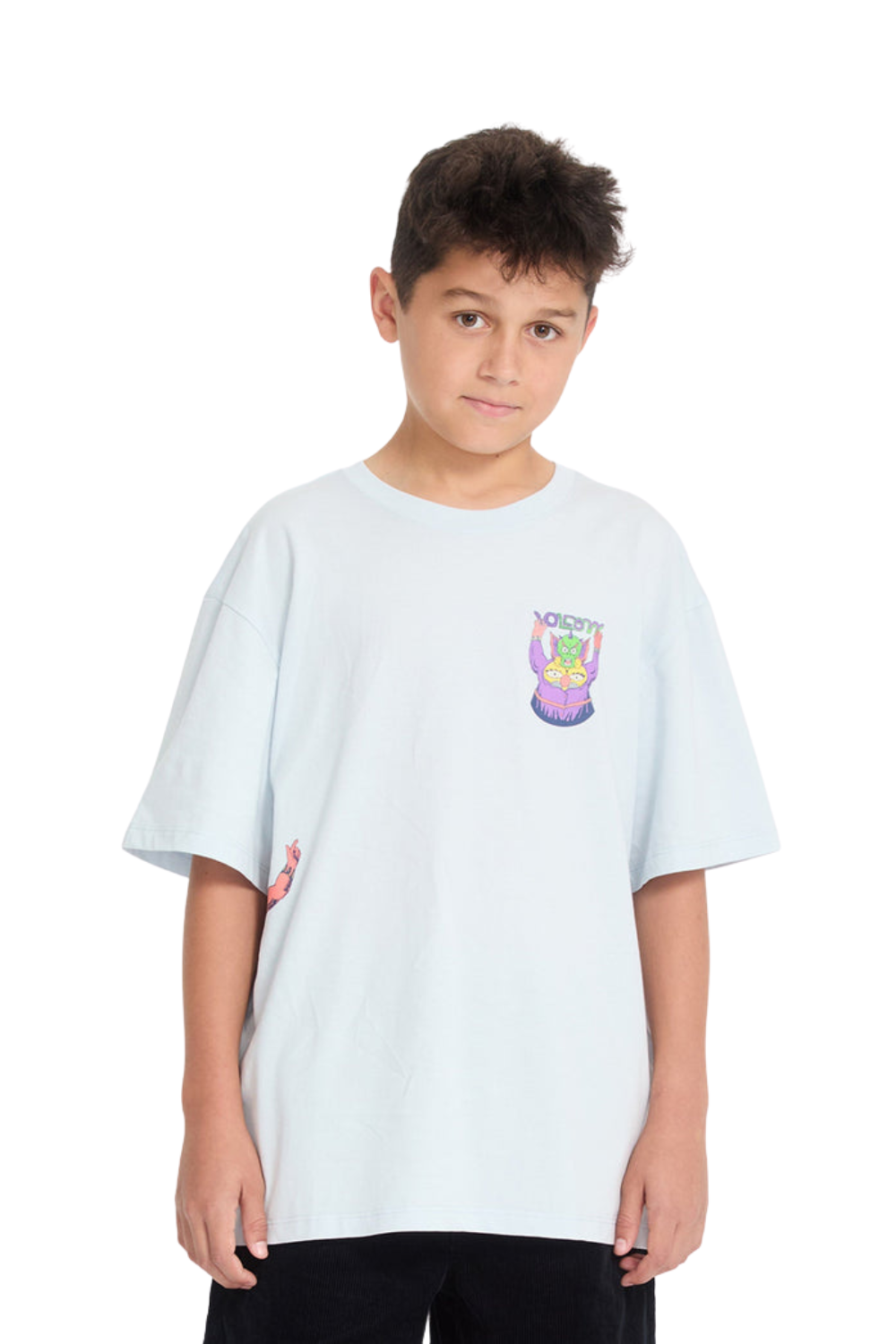 Child wearing a light blue t-shirt with a colorful graphic on a white background