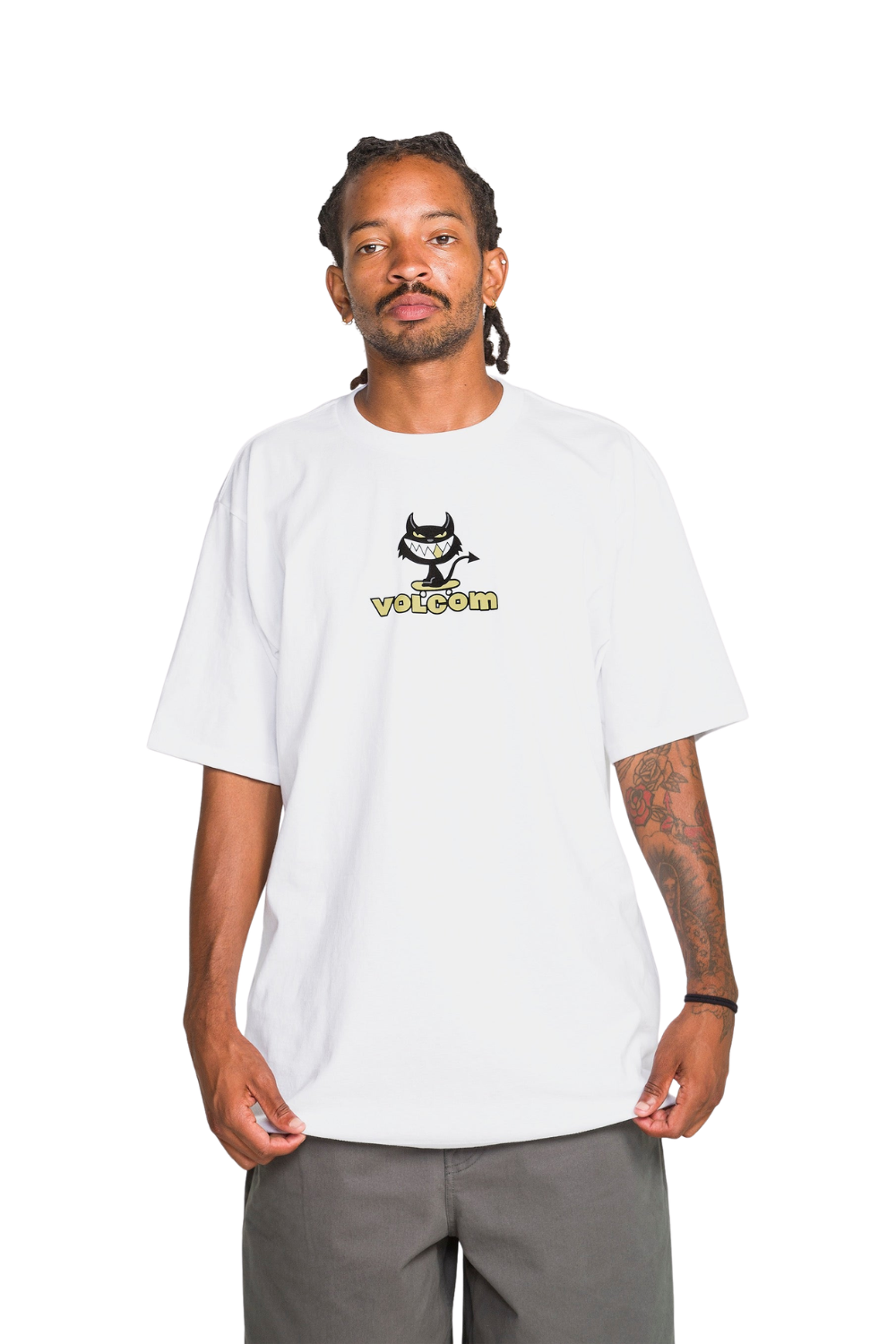 Person wearing a white t-shirt with a logo on a white background