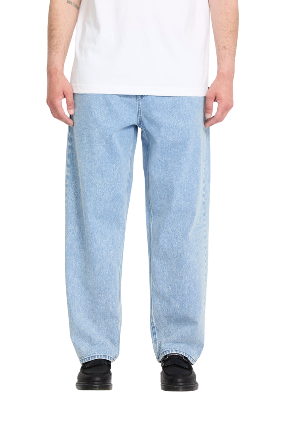 Light blue jeans worn by a person on a white background