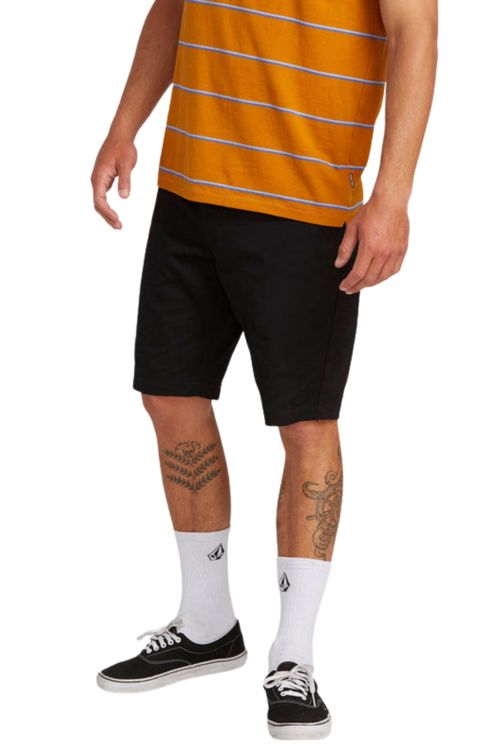 Person wearing black shorts, orange striped shirt, and white socks with a brand logo.
