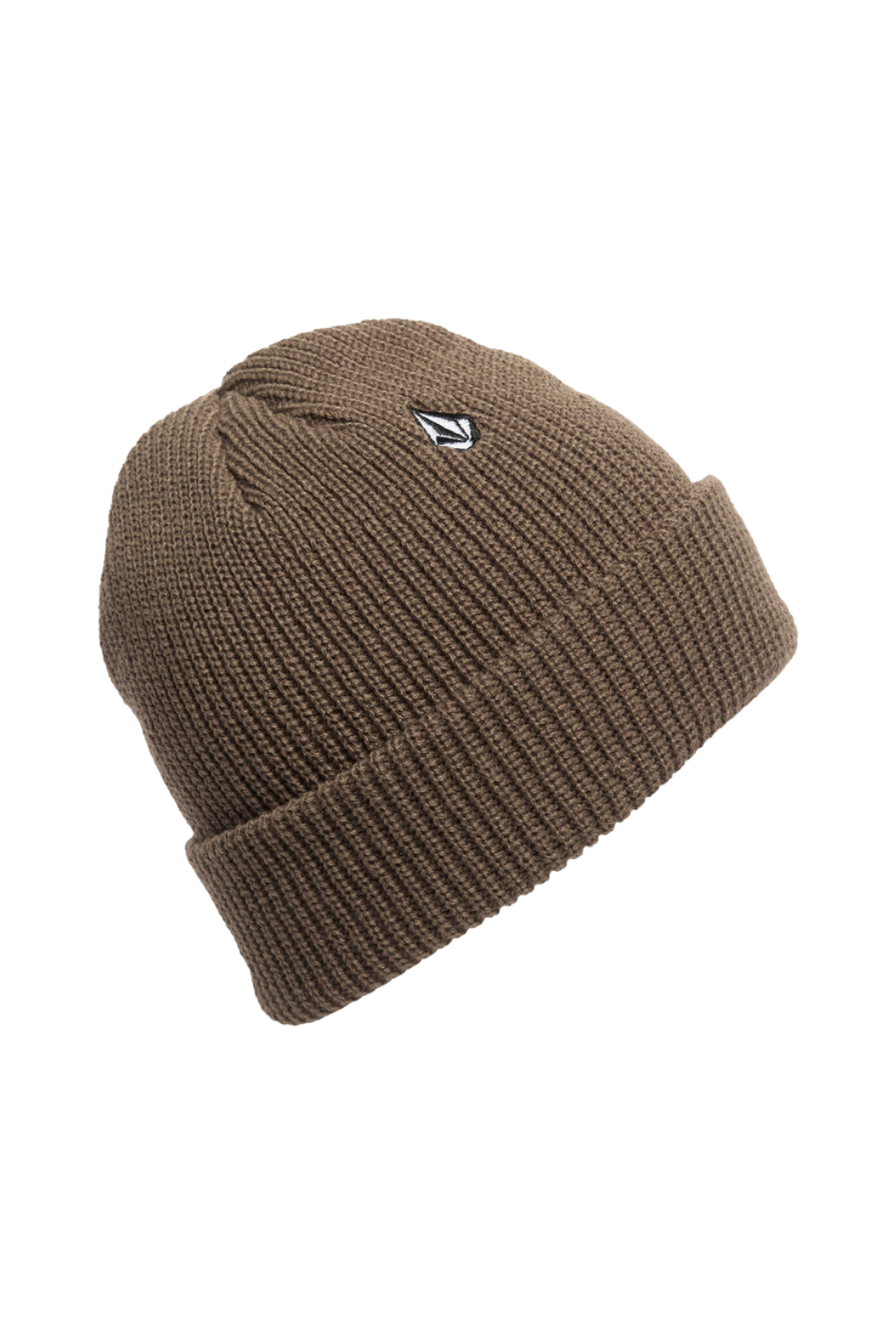 A brown ribbed knit beanie hat with a small white and black Volcom stone logo on the front, displayed on a clean white background.
