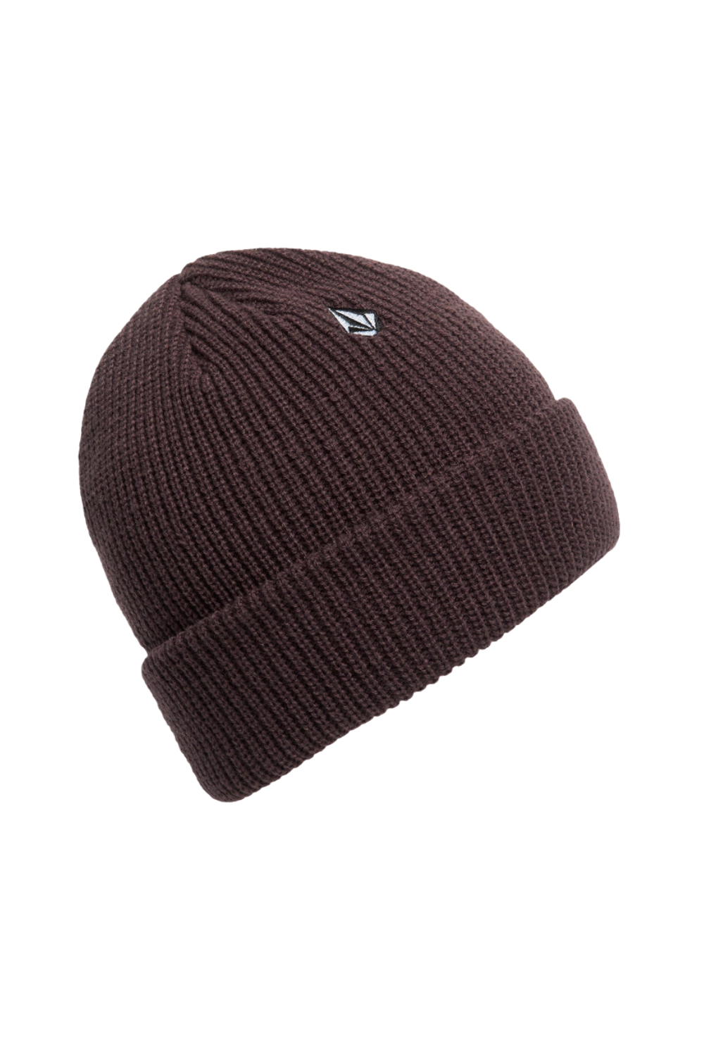 A dark brown ribbed knit beanie hat with a small Volcom stone logo on the front, displayed on a clean white background.