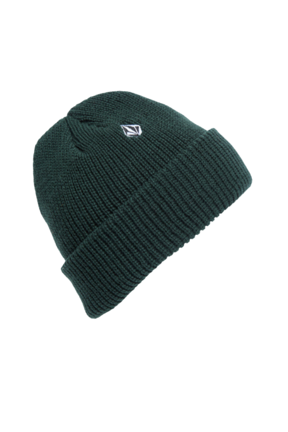 Green knit beanie with a logo on a white background