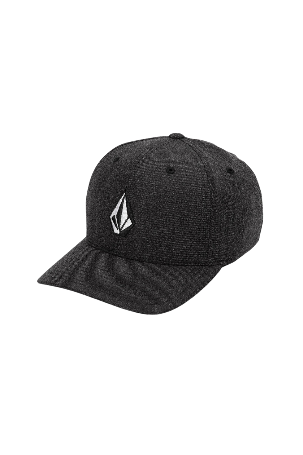 Black cap with a white logo on a white background