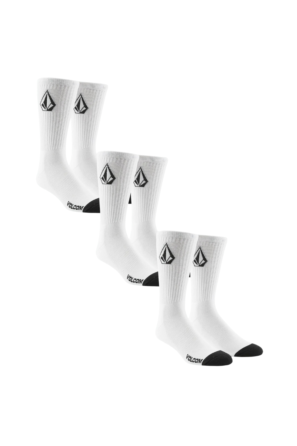 Three pairs of White Crew Socks with black Volcom stone logo in black