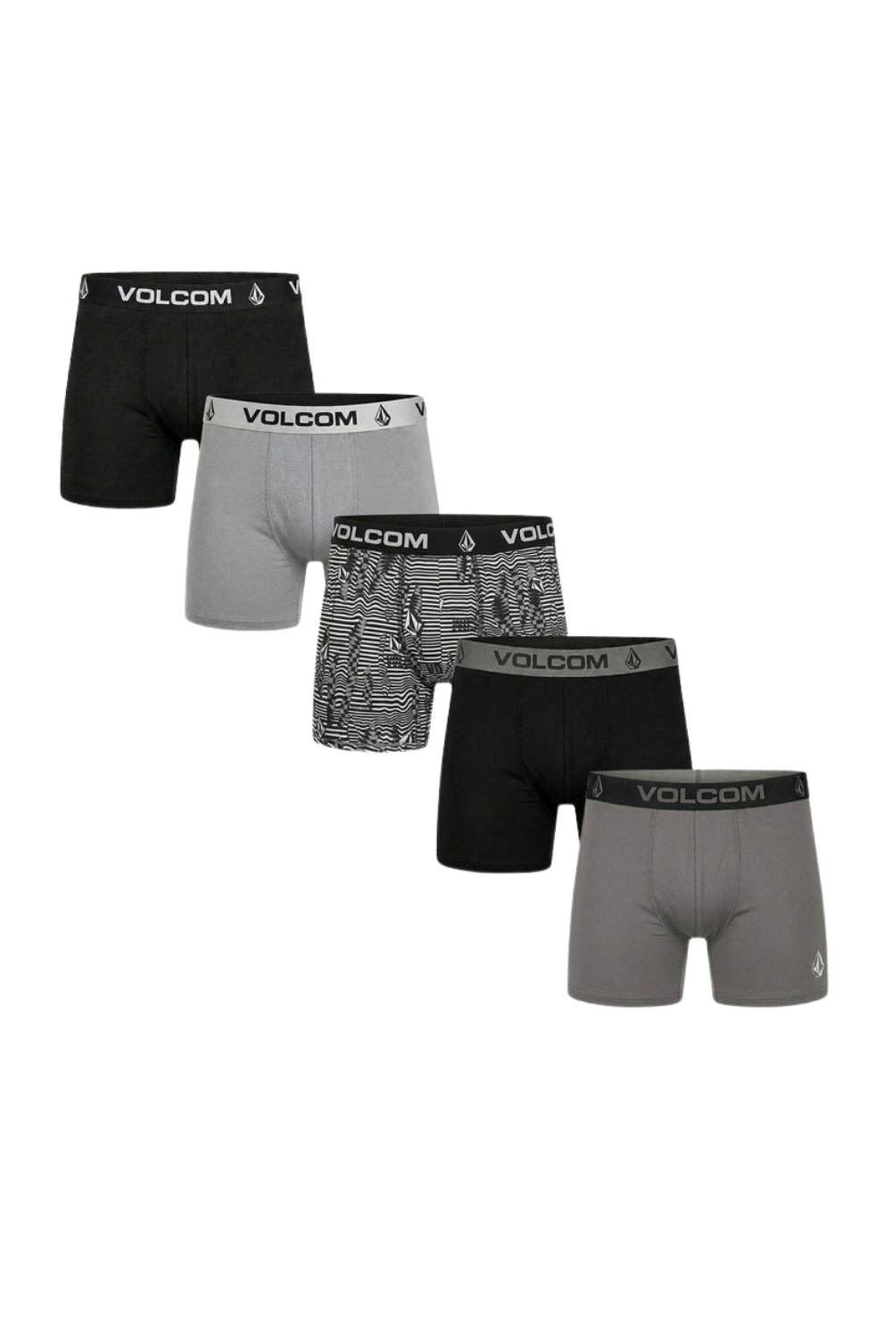 A 5-pack of Volcom men's boxer briefs in various gray, black, and patterned designs, arranged diagonally on a plain white background.