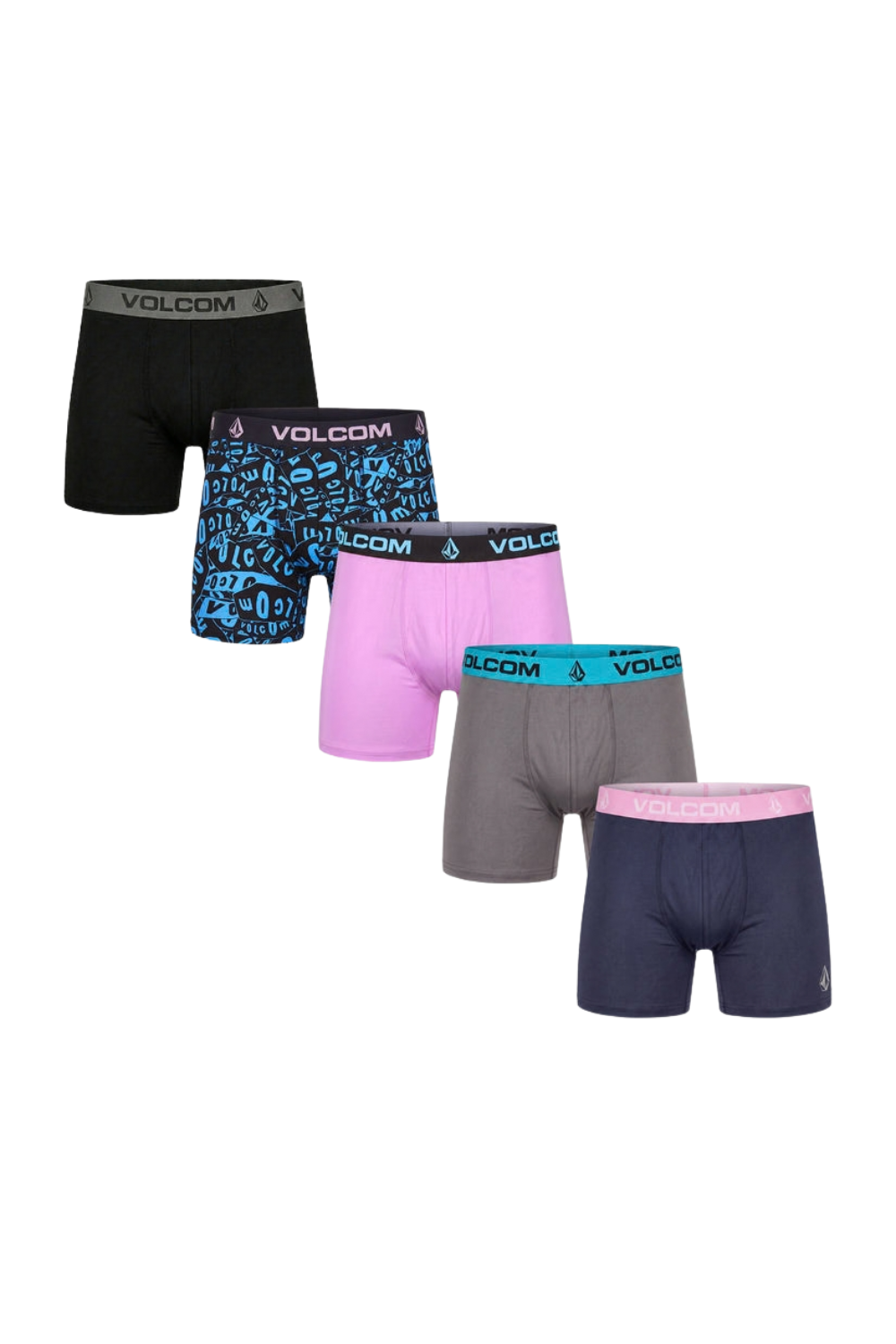 A 5-pack of Volcom men's boxer briefs in various colors and patterns, including black, blue patterned, pink, gray, and navy, arranged diagonally on a white background.
