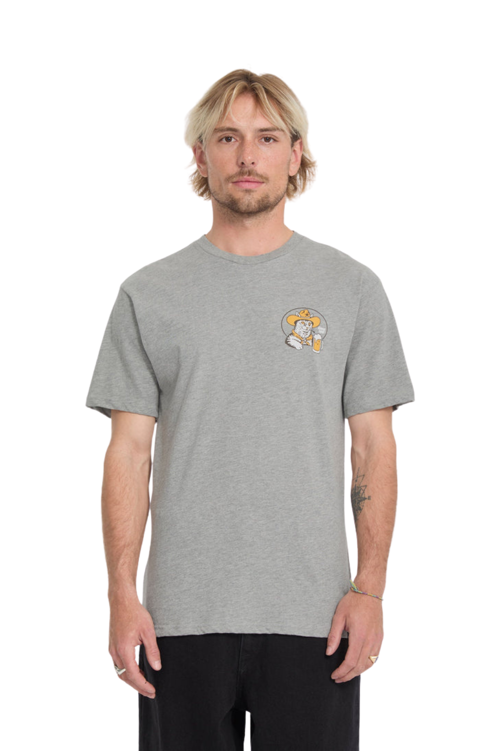 Man wearing a gray t-shirt with a small graphic on a white background