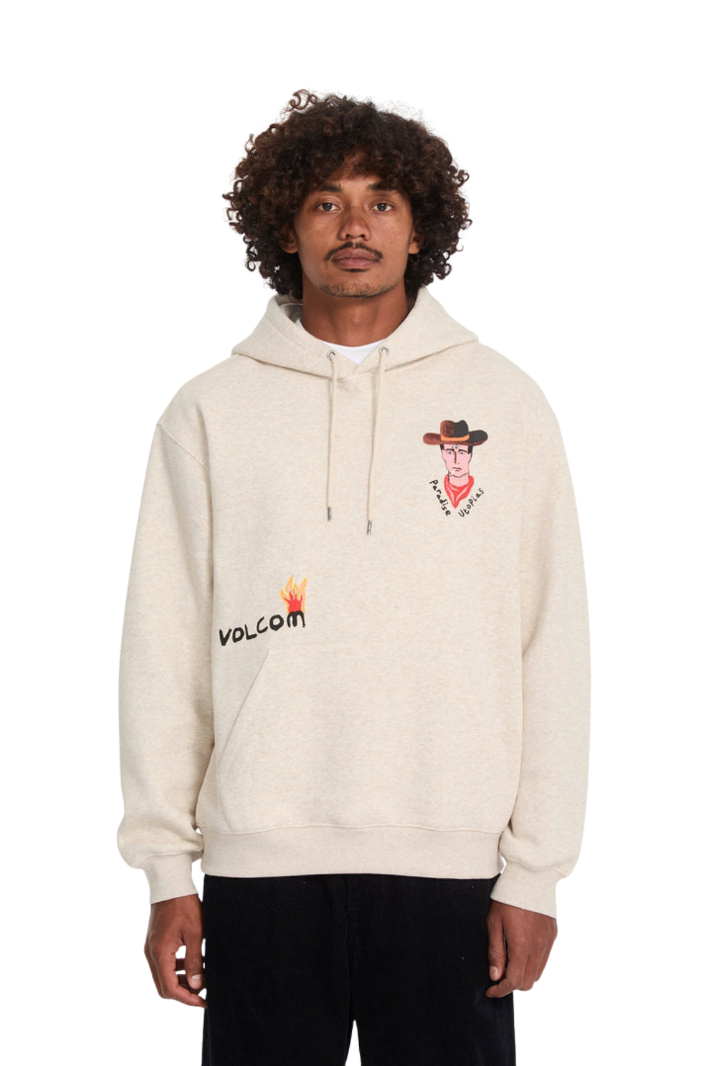 Man wearing a cream hoodie with Volcom logo and graphics on a white background