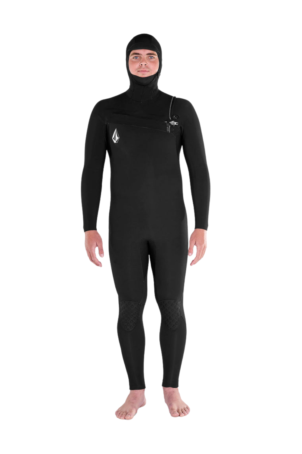 Person wearing a Volcom Modulator 4/3mm men's wetsuit with a hood and chest zip in black