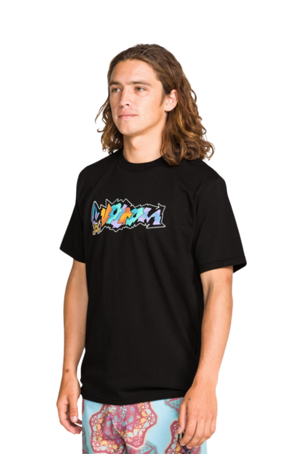 person wearing a black tshirt with volcom logo on the front on a white background
