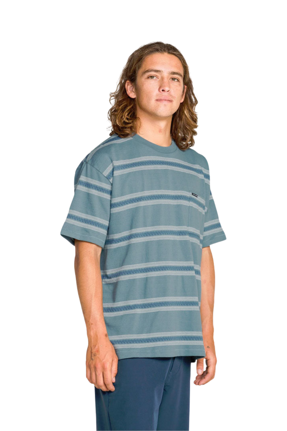 a person wearing a stripey blue t-shirt on a white background
