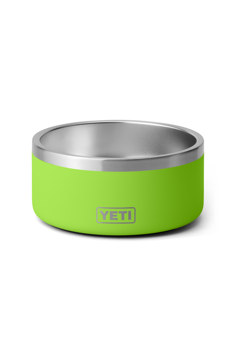 Bright green dog bowl with Yeti logo
