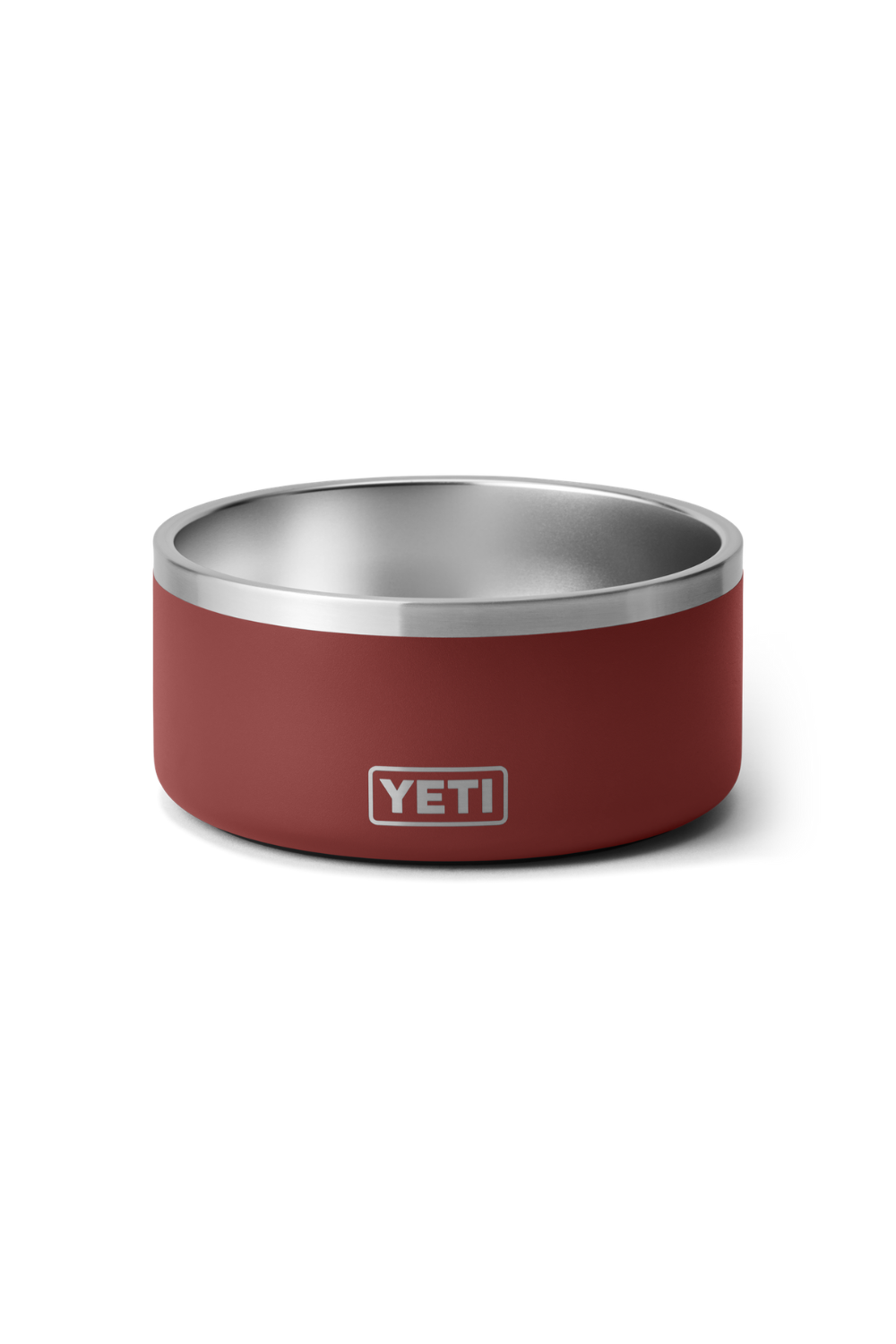 A YETI pet bowl in a matte burgundy red finish with a stainless steel interior, shown on a clean white background.