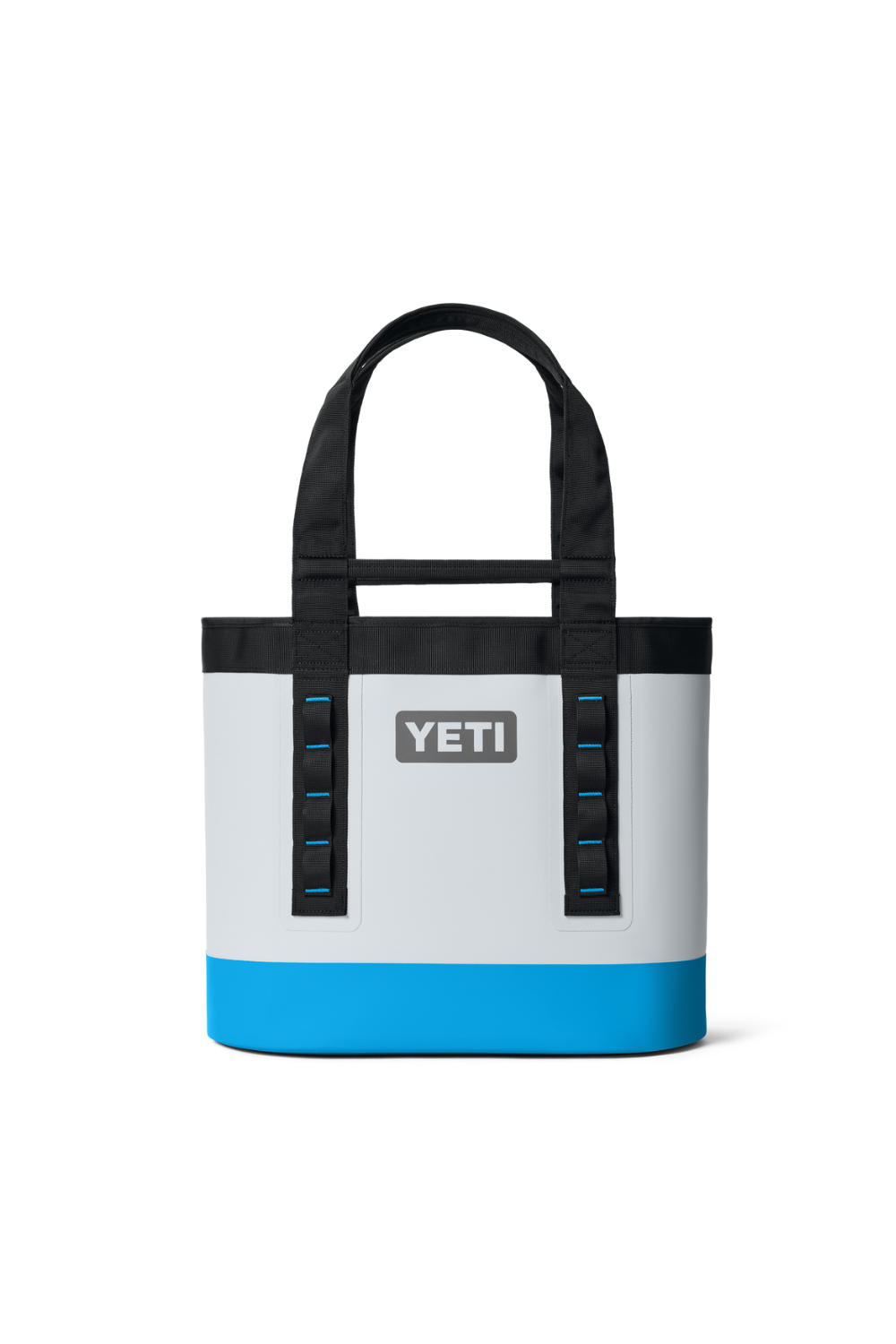 YETI tote bag with black handles and blue bottom on a white background