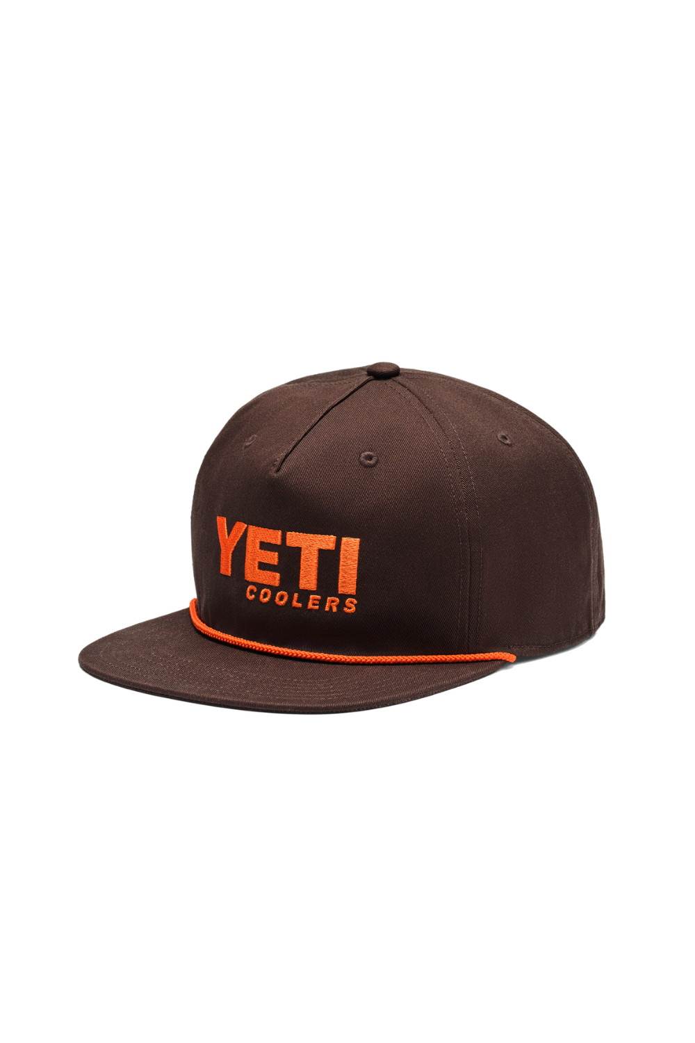 A dark brown flat-brim cap with orange embroidered 'YETI COOLERS' text on the front and an orange accent line along the brim, shown on a plain white background.