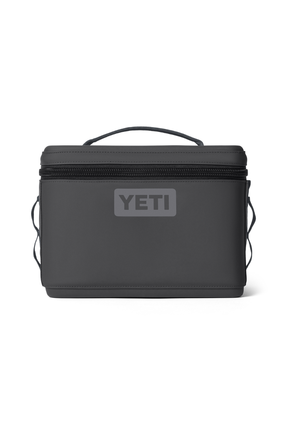 A dark grey YETI cooler bag with a top handle and a gray YETI logo on the front, set against a plain white background.
