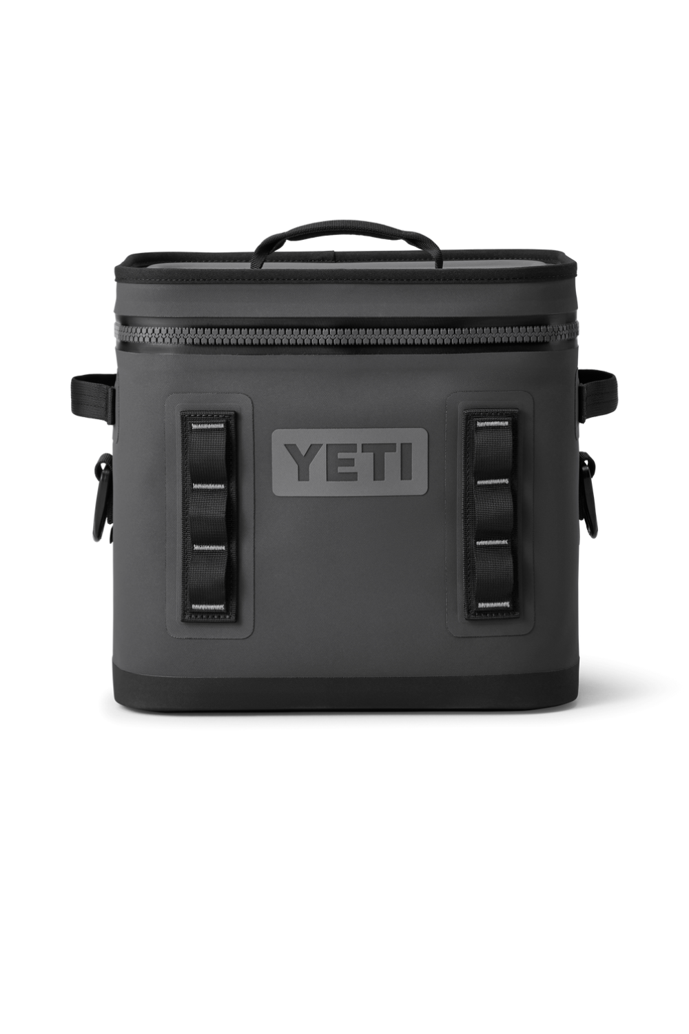 A dark gray YETI hard-sided cooler bag with a top handle, front zipper, and two vertical black strap closures on either side of the gray YETI logo patch, shown against a plain white background.