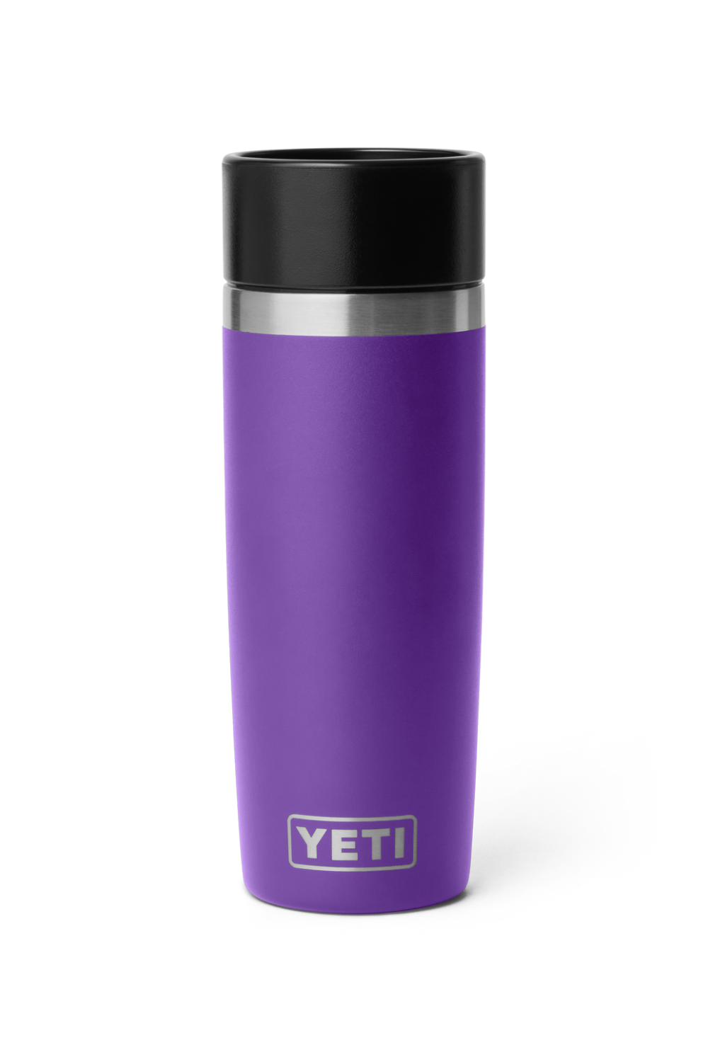 A purple YETI travel tumbler with a black lid and a silver stainless steel band near the top, shown on a plain white background.