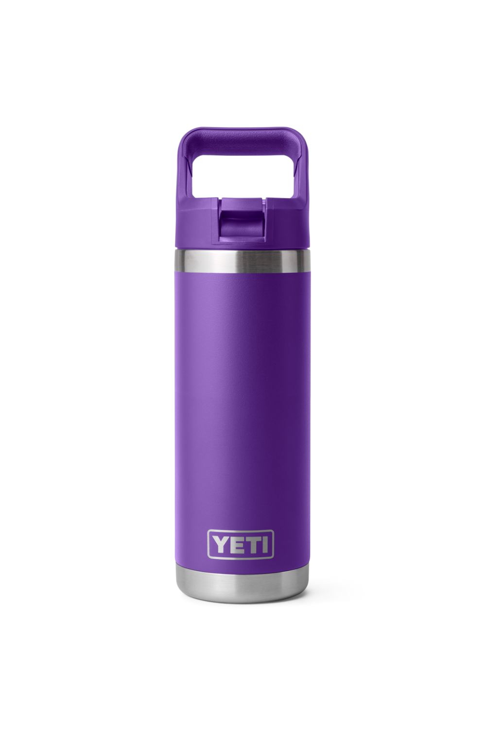 A purple YETI insulated travel tumbler with a matching purple carry lid and stainless steel accents, shown on a clean white background.