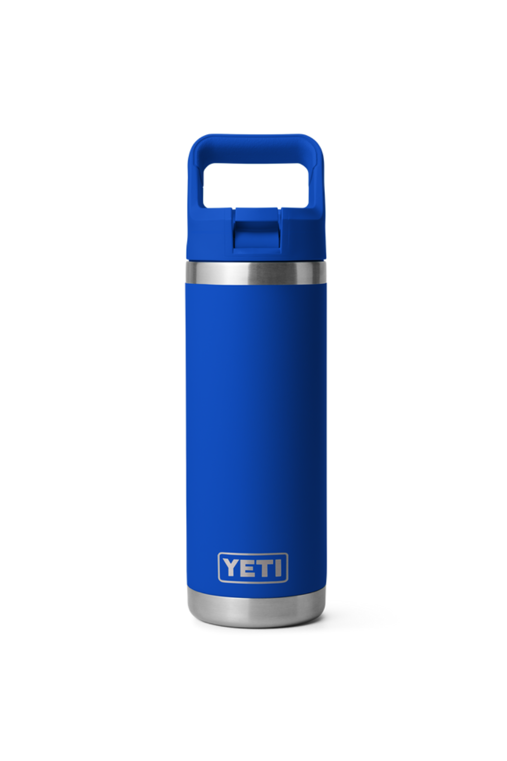 Blue YETI bottle with a handle on a white background