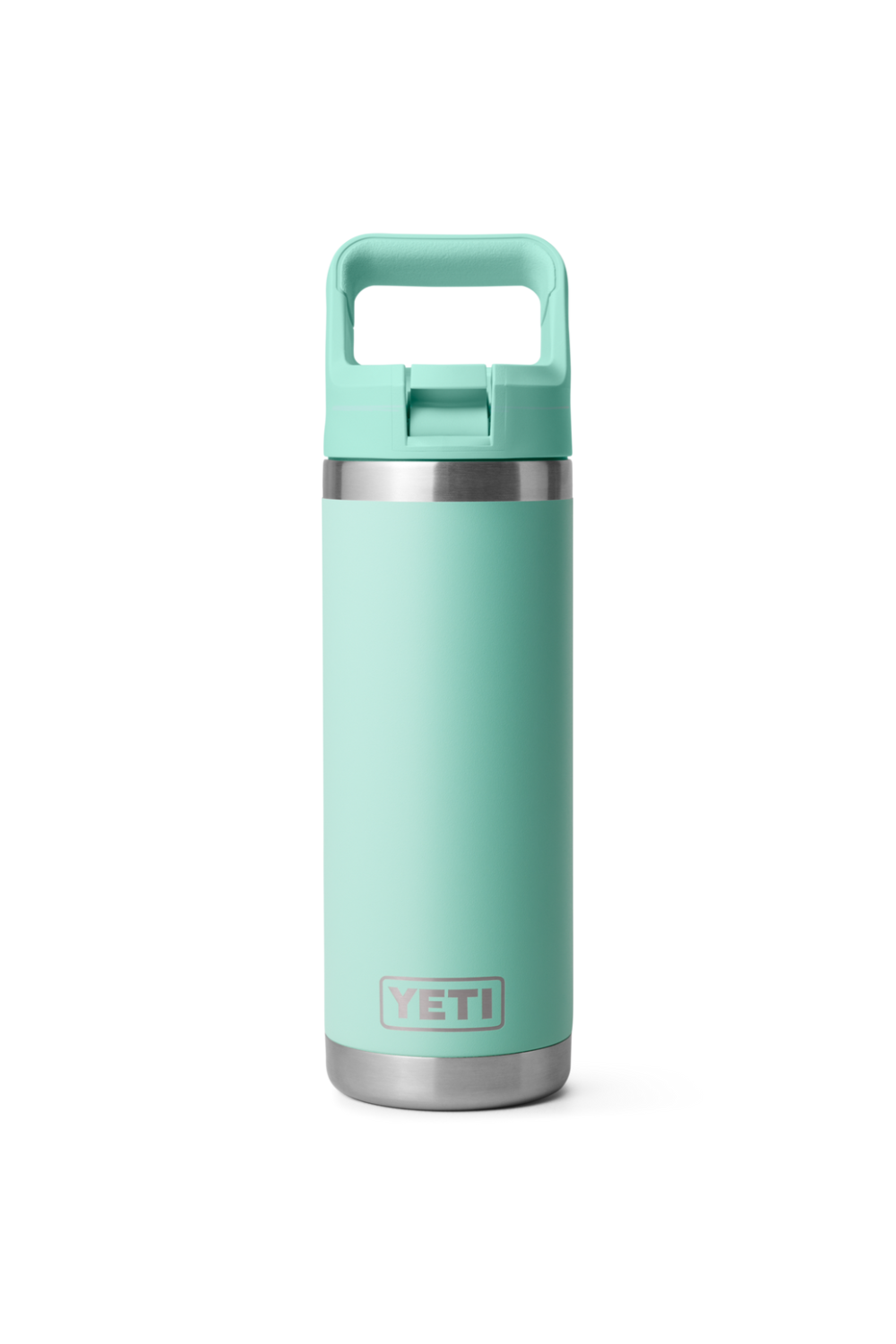 Mint green YETI bottle with handle on a white background