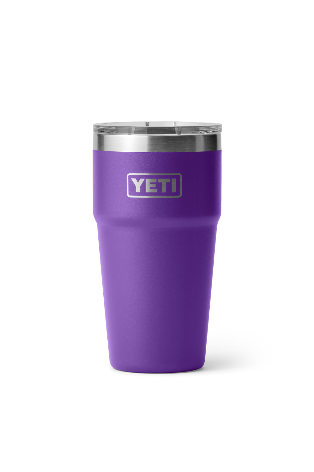 A purple YETI insulated tumbler with a stainless steel rim and a clear lid, shown on a plain white background.