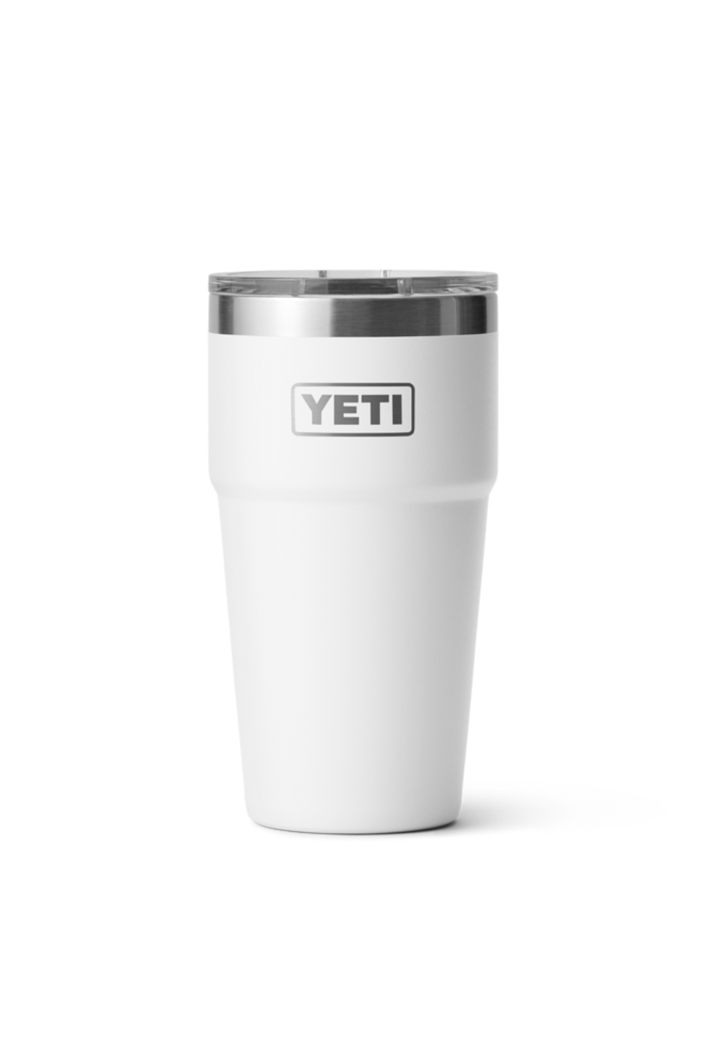 White YETI tumbler with a silver rim on a white background