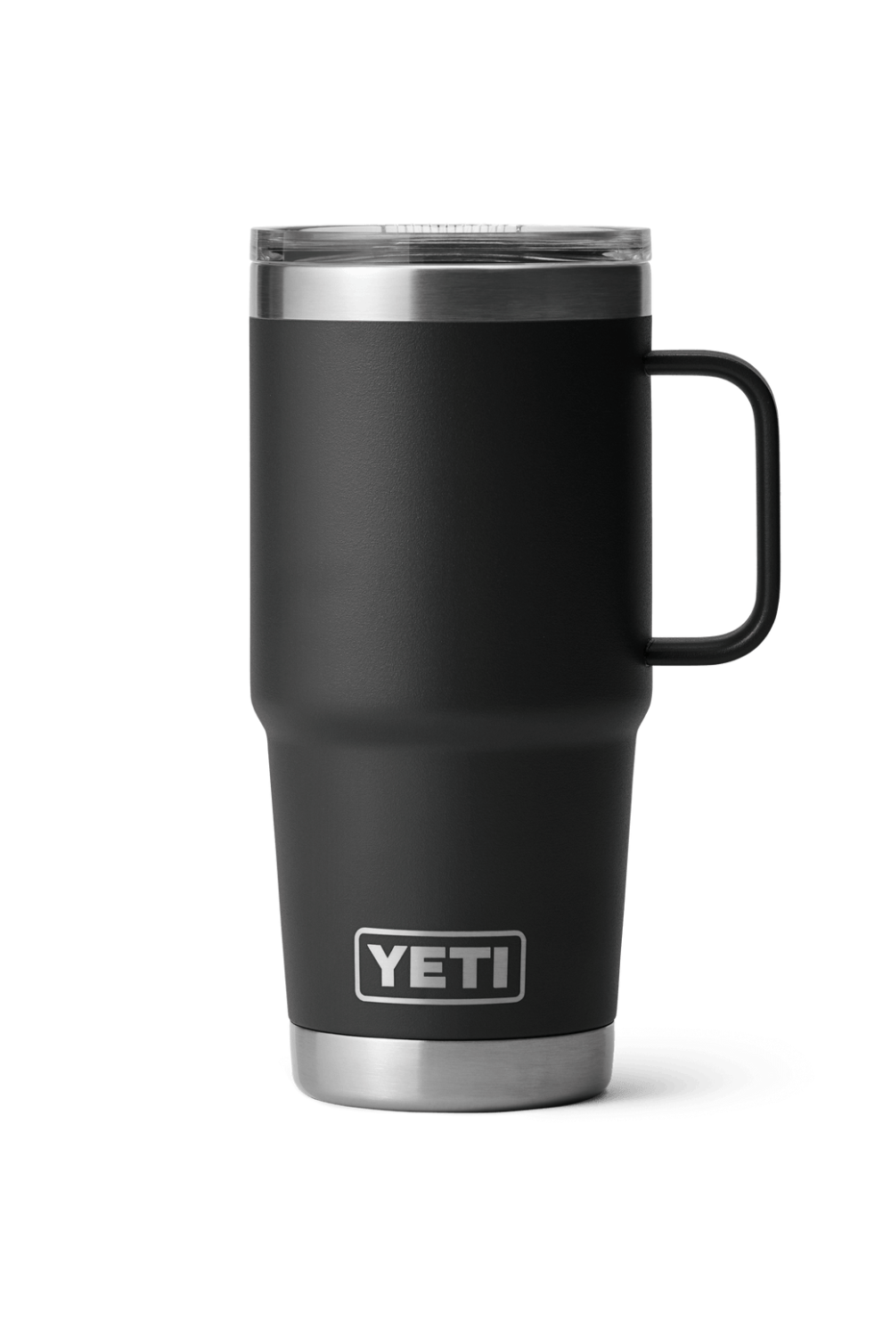 Black YETI mug with a silver rim on a white background
